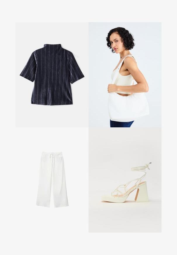 Mørk fløjl kortærmet bluse med lodrette striber, ståkrave og blød tekstur. Har en afslappet pasform og glat finish.; Hvide bukser med vidde lavet af blødt stof, med bindebånd i taljen og to forlommer. Glat tekstur og uden synlige mønstre.; Hvide højhælede sandaler med en kraftig hæl, der har et stropdesign og ankelbinding. Glat tekstur med en platform foran for ekstra højde.; Hvid skuldertaske lavet af glat materiale med en oval udskæring og bred stropdesign. Enkel og moderne med ingen synlig hardware.