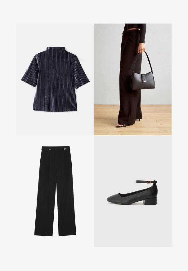 Tume sametist lühikeste varrukatega topp vertikaalsete triipudega, seisva krae ja pehme tekstuuriga. Omab lõdva istuvust ja siledat viimistlust.; Mustad laiad püksid kõrge vöökoha ja nööpdetailidega vööandil, esikortsudega.; Must mustaapp, millel on terav nina ja madal blokk-kand. Omab pahkluu rihma koos kuldse tooni pandlaga. Sile tekstuur.; Must musta kott, millel on struktureeritud kuju, sile tekstuur ja metallist klamber. Kombineeritud laiate mustade pükstega ja avatud varvaste sandaalidega puidust põrandal.