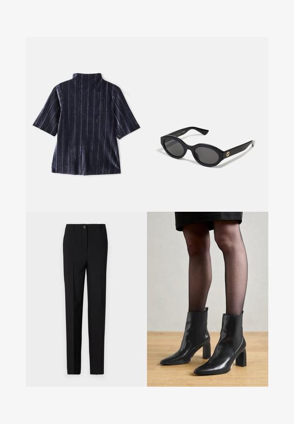 Blusa curta de veludo escuro com riscas verticais, gola alta e textura suave. Apresenta um corte descontraído e um acabamento liso.; Calças pretas ajustadas com um design de perna reta, apresentando fecho de botão e passantes para cinto, feitas de tecido suave.; Botas de tornozelo em couro preto com bico fino, salto quadrado robusto e design elegante. Apresenta painéis laterais elásticos para facilitar o calçar.; Óculos de sol ovais pretos com lentes escuras e armação de plástico brilhante. Apresenta um logotipo dourado na haste, oferecendo um design elegante e moderno.