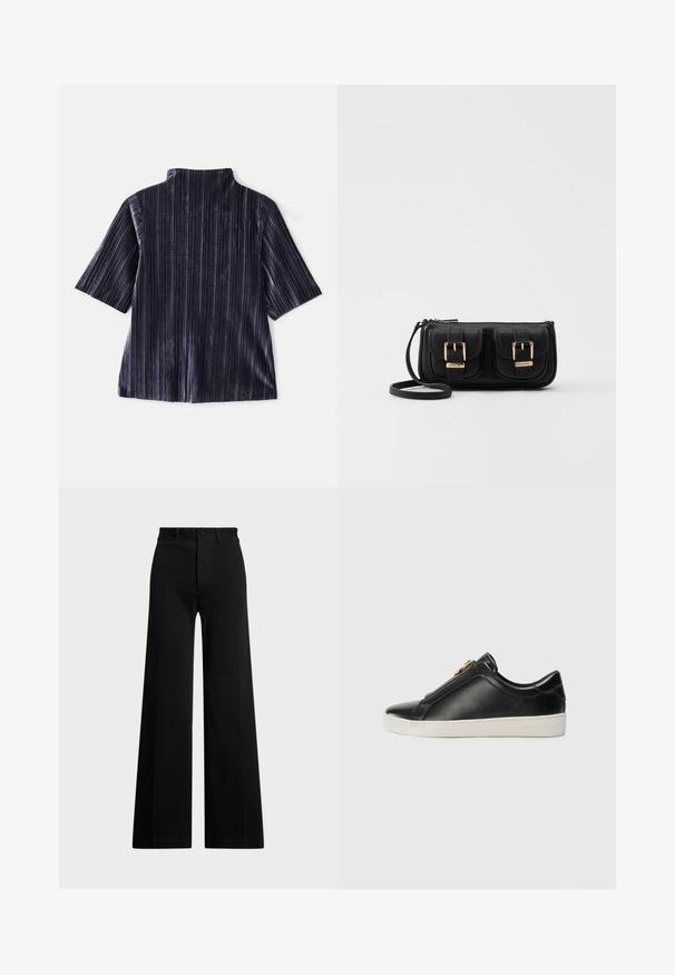 Mørk fløjl kortærmet bluse med lodrette striber, ståkrave og blød tekstur. Har en afslappet pasform og glat finish.; Sorte vide bukser lavet af vævet stof, med høj talje, frontlukning med knap og sidelommer. Glat tekstur med rene linjer.; Sorte læder slip-on sko med en hævet søm, sølv hardware detaljer på overdelen og en hvid gummisål med prægede branding.; Sort læder crossbody taske med to frontlommer, guldspænder, lynlåslukning og en slank rem. Struktureret overflade og kompakt rektangulær form.