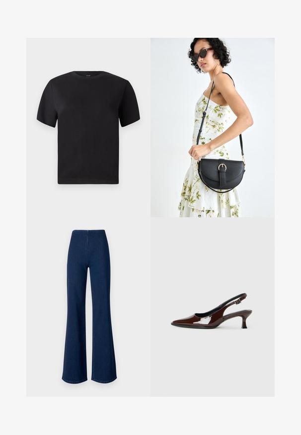 T-shirt nera a maniche corte, collo rotondo, realizzata in cotone morbido, texture liscia, design minimalista senza motivi né dettagli.; Jeans a zampa d'elefante di colore blu scuro realizzati in denim con un cinturino elastico. Presentano una texture liscia e un design a gamba larga che si estende fino all'orlo.; Scarpa slingback in pelle verniciata marrone con punta affusolata e tacco moderato. Presenta una fascia con fibbia per una calzata sicura. Tessuto liscio.; Borsa a tracolla nera in pelle con una forma curva, manico rimovibile e accessori dorati. La borsa presenta una patta con un dettaglio a fibbia.