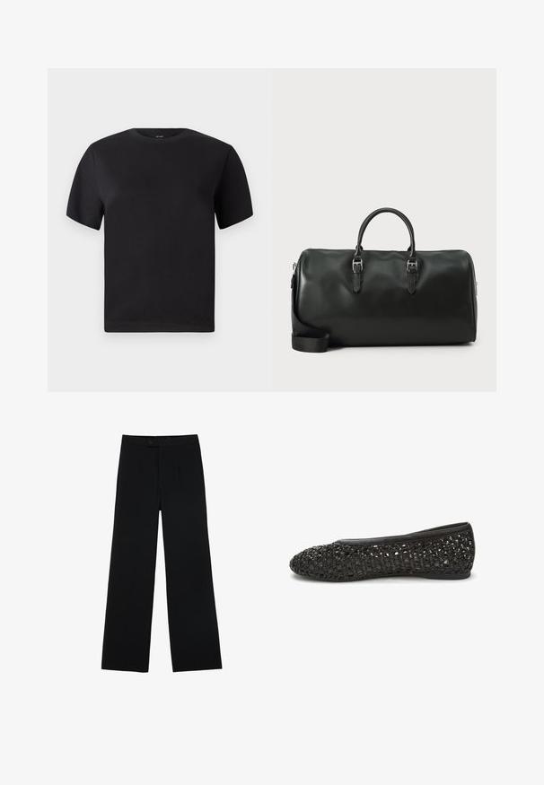 Čierne tričko s krátkym rukávom, okrúhly výstrih, vyrobené z jemnej bavlny, hladká textúra, minimalistický dizajn bez vzorov alebo akcentov.; Čierne široké nohavice vyrobené z hladkej tkaniny, s predným zapínaním na gombík a dvoma záhybmi pre vylepšenie detailu. Celkový strih je prispôsobený.; Čierna plochá obuv s textúrovaným, tkaným povrchom a hladkými koženými detailmi. Zaoblená špička a nízkoprofilová podrážka pre pohodlie a flexibilitu.; Čierna kožená športová taška s dvojitými uchami, striebornými kovaniami a nastaviteľným ramenným popruhom. Hladký povrch s uzáverom na zips.