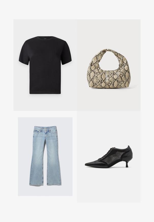 Camiseta negra de manga corta, con cuello redondo, fabricada en algodón suave, textura lisa, diseño minimalista sin patrones ni acentos.; Weekday NOVA - Vaqueros slim fit - lip blue; Zapato negro de punta afilada con un diseño de panel de malla, que presenta un tacón bajo y cordones en la parte delantera. Está fabricado con una combinación de cuero y material de malla.; Bolso de mano con estampado de serpiente y asa curvada. Hecho de materiales texturizados en tonos beige y marrón, con un patrónen diamante distintivo.