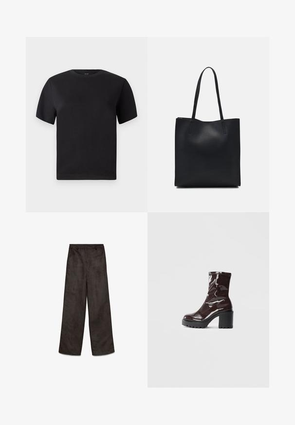 Juoda trumpomis rankovėmis marškinėliai, apvaliu kaklu, pagaminti iš minkštos medvilnės, lygaus paviršiaus, minimalistinio dizaino be raštų ar akcentų.; Plačios juodos audinės kelnės su lygiu, minkštu paviršiumi. Yra priekinės kišenės ir užtrauktuko uždarymas. Švarus dizainas be matomų raštų.; Blizgus burgundių spalvos kulknapis su tankiu juodu kulnu, pasižymintis lygiu paviršiumi ir paprastu dizainu. Nėra matomų užsegimų ar raštų.; Juodas odinis tote krepšys su lygia tekstūra, stačiakampio formos ir dviem ilgais rankenomis. Matomų metalinių detalių ar puošybos nėra.