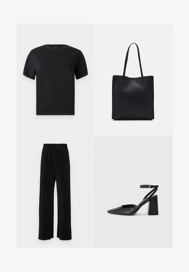 Schwarzes T-Shirt mit kurzen Ärmeln, Rundhals-Ausschnitt, aus weicher Baumwolle, glatte Textur, minimalistisches Design ohne Muster oder Akzente.; Schwarze plissierte Hose mit elastischem Bund. Verfügt über weite Hosenbeine und einen glatten, strukturierten Stoff mit vertikalen Streifen.; Schwarze Leder-Pumps mit spitzer Zehe, einem Knöchelriemen und einem blockigen Absatz. Flache Textur, elegantes Design und minimalistische Ästhetik.; Schwarze Laptoptasche aus Leder mit glatter Textur, rechteckiger Form und zwei langen Griffen. Keine sichtbaren Beschläge oder Verzierungen.