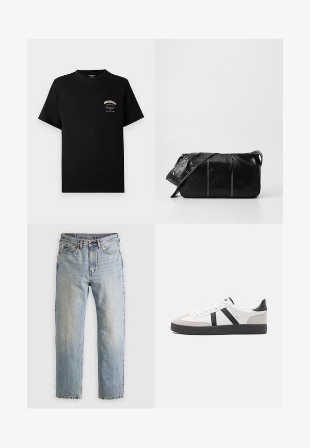 Črna bombažna majica s kratkimi rokavi, okroglo izrezana in z manjšim grafičnim tiskom na levem prsnem delu, ki prikazuje besedo "ORIGINALS."; Svetlo modri džins hlače z visokim pasom, sprednjim gumbom, zadrgo in petimi žepi, laid flat na nevtralni podlagi.; Bela športna obutev z črnimi in sivo akcenti, z teksturirano sivo kapico za prste, črnim gumijastim podplatom in ravnimi belimi vezalkami. Čista zasnova, minimalistični slog.; Črna usnjena torba za ramo z zadrgo, ki ima teksturirano telo, belo šivanje in trak s srebrnimi luknjami.