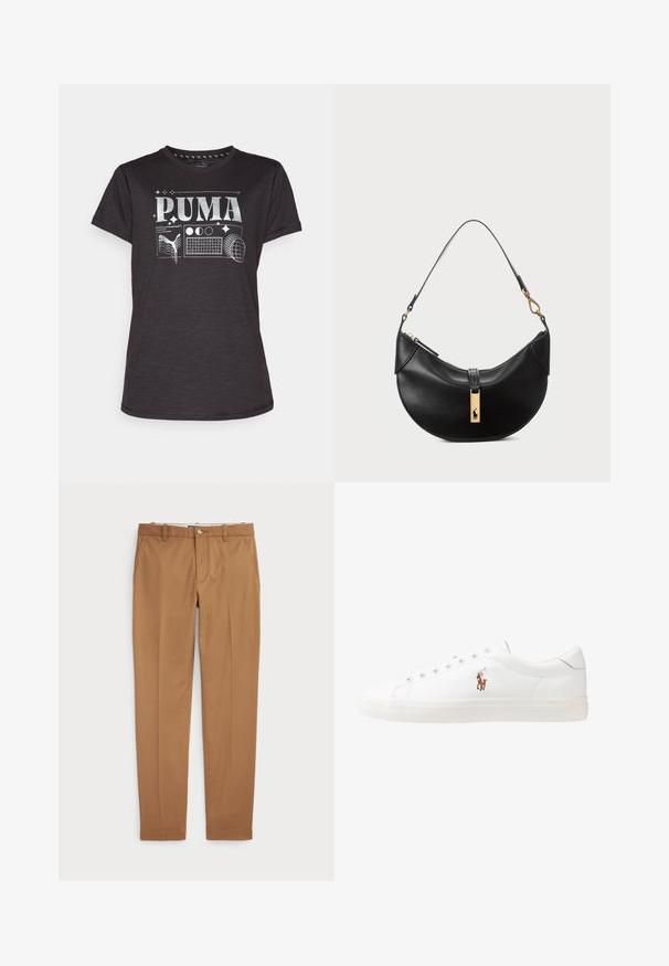 Black short-sleeve t-shirt with a silver graphic print featuring "PUMA" and various sports motifs. Soft fabric, classic fit, and round neckline.; Brown cotton trousers with a slim-fit design, flat front, and standard pockets; smooth texture and hemmed cuffs.; White leather sneakers, low-top design, featuring a smooth texture, round toe, laced front, and a small embroidered logo on the side.; Black leather handbag in a half-moon shape. Features a gold hardware accent and a narrow strap. Smooth texture, zipper closure at the top.
