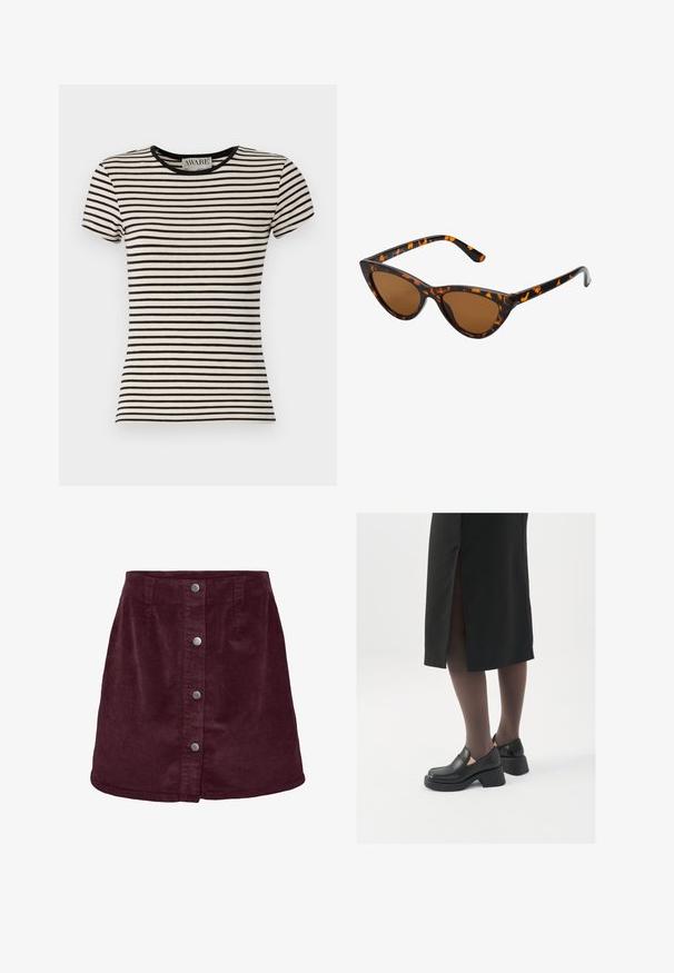 Svart- och gräddfärgad randig t-shirt med kort ärm och rund halsringning, tillverkad av mjukt tyg. Rakt snitt med snygg finish. AWARE-logotyp synlig.; Burgundyröd kordflodermini med a-linjeform, prydd med fem silverknappar framtill och en subtil ribbad textur.; Svarta läderskor med rund tå, tjock klack utan häl och elastiska sidodetaljer, kombinerat med mörka strumpbyxor och en svart kjol med slits.; Kattögon-solglasögon med en ram i svart och orange sköldpaddsmönster, bruna linser och smala, spetsiga tips. Har en minimalistisk logotyp på bågen.