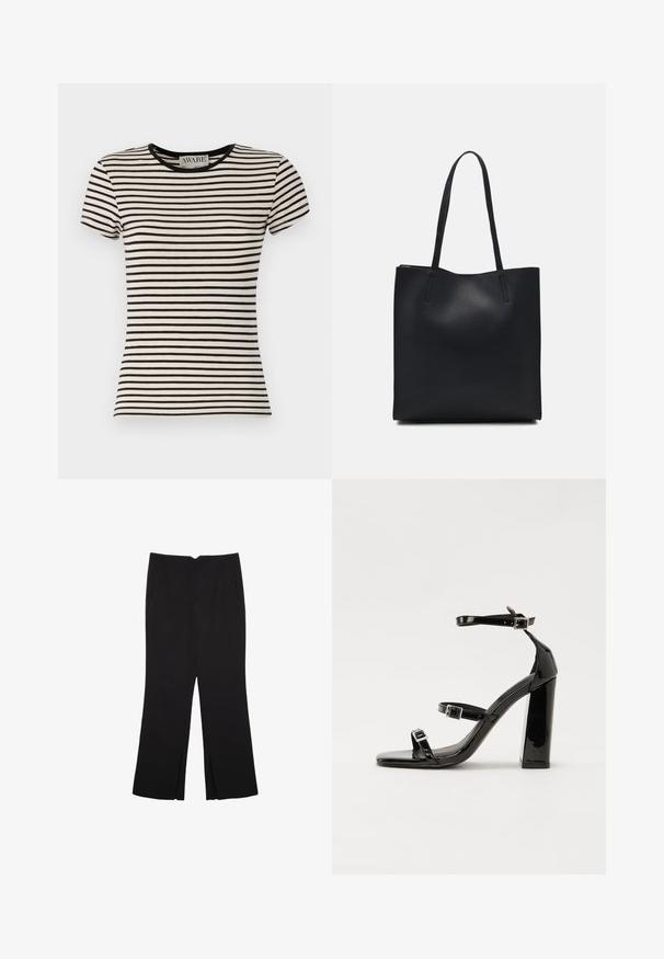 Črna in krema prugasta kratkosleečna majica s krožnim ovratnikom, izdelana iz mehkega blaga. Ravno krojena z urejenim zaključkom. Vidna AWARE blagovna znamka.; Črne hlače ravnega kroja z naglavnimi žepi in stranskimi razporki na robu. Narejene iz mehke, gladke tkanine. Primerne za različne priložnosti.; Črne lakirane sandale s peto, kvadratnim prstom, trakovi okrog gležnja in srebrnimi zaponkami. Opremljene so s stabilno Debelo peto.; Črna usnjena torba s svilnato teksturo, pravokotne oblike in dvema dolgima ročajema. Brez vidnih metalnih delov ali okrasnih elementov.