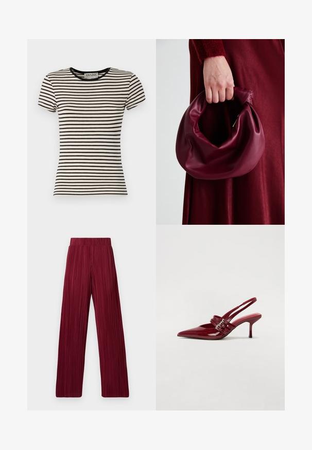 Juodai ir kreminiai dryžuoti trumpų rankoviu marškiniai su apvalia iškirpte, pagaminti iš minkštos medžiagos. Tiesus kirpimas su tvarkingu apdailu. Matomas AWARE prekės ženklas.; Bordo klostyti plačios kojos ilginti kelnių su elastinga juosta. Tekstūruotas audinys su vertikaliomis juostomis. Tiesus kirpimas iki apvado.; Raudoni blizgūs odiniai bateliai su atviru kulnu, smailiu nosiu, dviem užsegimais ir plonu, vidutinio aukščio stiletto kulnu. Lygus paviršius.; Bordo odinė rankinė su minkštu, susiraukšlėjusiu dizainu ir apvalia forma. Rankena yra tvirtai pritvirtinta, atskleidžianti lygią tekstūrą.