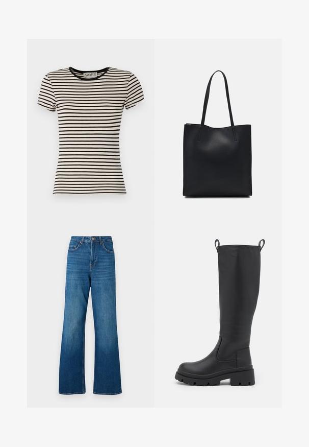 Černé a krémové pruhované tričko s krátkým rukávem a kulatým výstřihem, vyrobené z měkké tkaniny. Rovný střih s pečlivým zpracováním. Viditelné logo AWARE.; Široké modré džíny z denimu s vysokým pasem, lehkým vyblednutím a klasickým pětikapsovým designem; obsahují zlaté kovové detaily a šitý lem.; Černé kozačky po kolena vyrobené z hladké kůže s robustní podrážkou a mírným podpatkem. Obsahují poutka a elastické boční panely pro snadné obouvání.; Černá kožená taška přes rameno s hladkým povrchem, obdélníkovým tvarem a dvěma dlouhými uchy. Žádné viditelné kování ani ozdoby.
