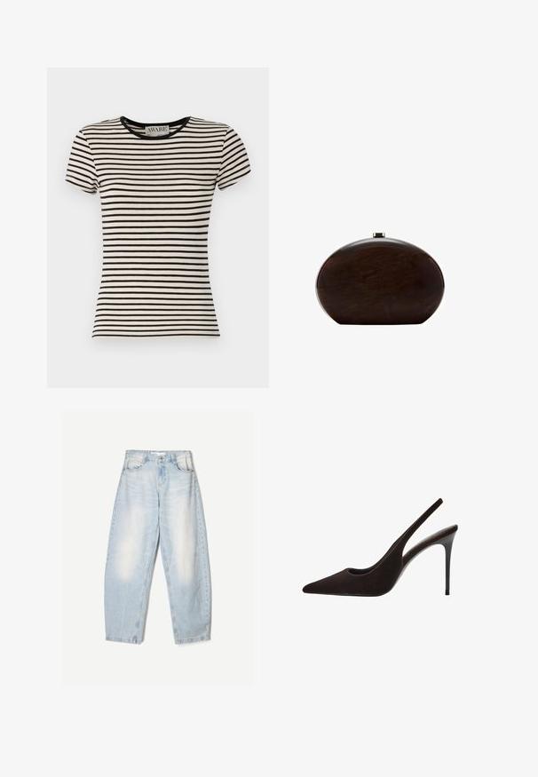 Tricou scurt cu mânecă scurtă în dungi alb-negru, cu guler rotund, fabricat dintr-un material moale. Croială dreaptă cu o finisare îngrijită. Branding AWARE vizibil.; Jeanși din denim albastru deschis, cu o croială lejeră, având un finisaj decolorat, două buzunare frontale și o închidere cu nasture la talie.; Pantofii cu toc înalt din suede maro, cu vârf ascuțit, design elegant, laterale decupate și toc subțire tip stiletto.; Cumpărătură din piele maro, cu un design solid și o formă rotundă, având o textură netedă. Dispune de un mecanism de închidere cu clapetă în partea de sus și un design minimalist fără accesorii.