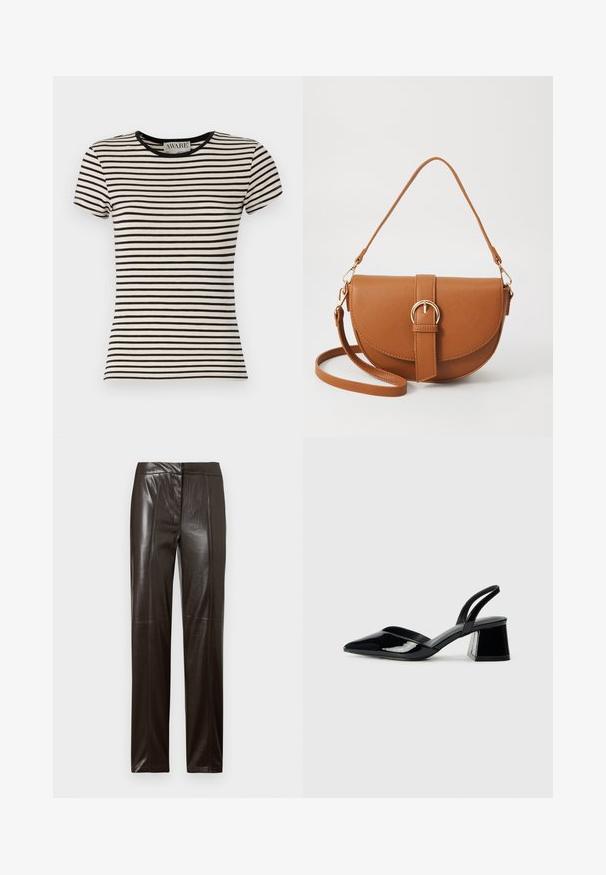 Svart- och gräddfärgad randig t-shirt med kort ärm och rund halsringning, tillverkad av mjukt tyg. Rakt snitt med snygg finish. AWARE-logotyp synlig.; Mörkbruna raka läderbyxor med en slät yta och subtila sömnadsdetaljer längs framsidan.; Svarta lackläder slingback klackar med spetsig tå och geometrisk klack. Har en elegant, minimalistisk design och slät yta.; Brun läder crossbody-väska med en böjd form, gyllene detaljer och en spänneaccent. Har en avtagbar axelrem.