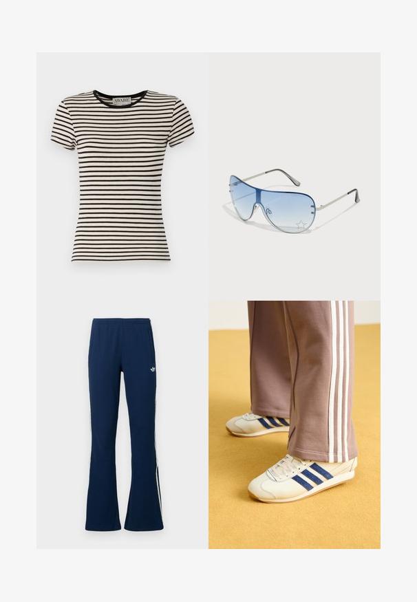 Svarte og kremstripete t-skjorte med korte ermer og rund hals, laget av myk stoff. Rett snitt med en pen finish. AWARE-merke er synlig.; Marineblå ribbestrikkede vide treningsbukser med hvite side-striper og en brodert logo på venstre side, med to sidelommer.; Kremfargede sneakers med blå semsket skinnstriper, hvite snørebånd og gummisåle. Kombinert med grå joggebukser med hvite sidestriper.; Pilotbriller med gradient blå linse, sølvfarget metallramme og dekorative stjerneaksenter på linsen. Glatt og stilren design.