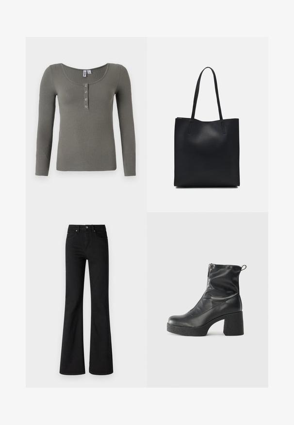 Top de manga longa canelado numa cor verde suave, apresentando um decote em forma de barco e cinco botões de pressão metálicos na frente.; Jeans pretos de perna larga feitos de denim com cintura alta, apresentando cinco bolsos, botão frontal e fecho de zíper, textura suave.; Botas de tornozelo pretas feitas de couro liso, com fecho lateral, salto grosso texturizado e design de bico arredondado.; Bolsa tote preta em couro com textura lisa, forma retangular e duas alças longas. Sem hardware ou enfeites visíveis.