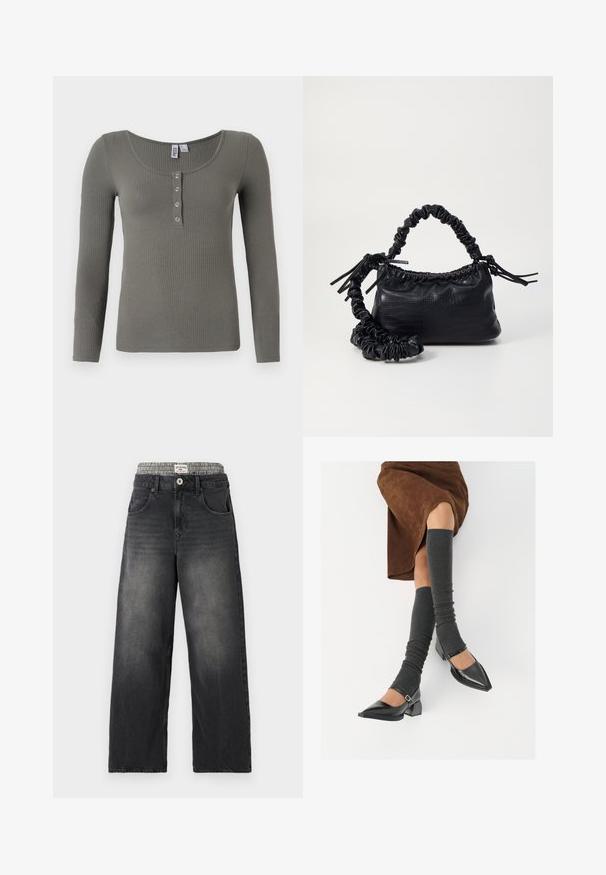 Langsleeve ribbed top in een gedempte groen kleur, met een ronde halslijn en vijf metalen drukknoopjes aan de voorkant.; Zwarte denim wijde jeans met een houndstooth patroon op de tailleband. Kenmerken zijn onder andere voorzakken en een knoopsluiting. Beschadigd textuur.; Zwarte gepatineerde leren pumps met een puntige neus, een blokhak en een enkelbandje, gecombineerd met grijze geribde beenwarmers en een bruine suède rok.; Zwarte nepleer handtas met een krokodillenstructuur, opgedroogde bovenkant en een gekreukte hengsel. Het lijkt zacht en compact van ontwerp.