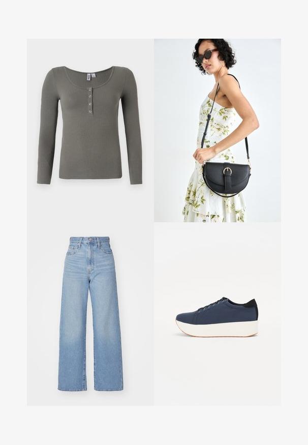 Langsleeve ribbed top in een gedempte groen kleur, met een ronde halslijn en vijf metalen drukknoopjes aan de voorkant.; Lichtblauwe high-waist wijde jeans met een knoop- en ritssluiting aan de voorkant, voor- en achterzakken, op een witte achtergrond.; Marineblauwe sneaker met een textuurstof bovenwerk, witte platformzool, ronde neus en zwart hakaccent. Voorzien van zes gaatjes voor veters.; Zwarte leren handtas met een gebogen vorm, afneembare schouderband en gouden hardware. De tas heeft een klep met een gespsluiting.