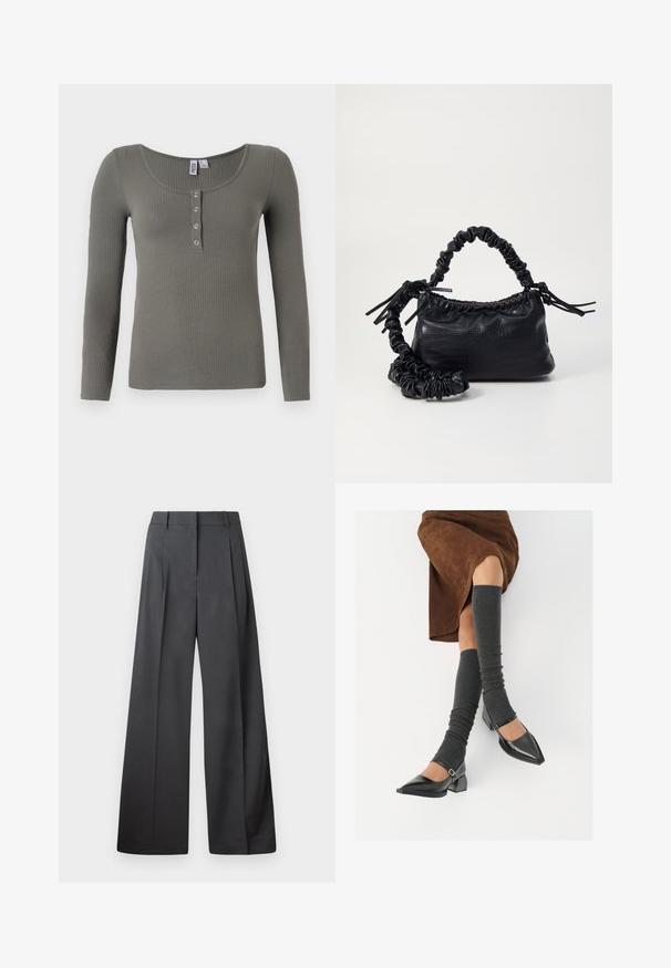 Majica z dolgimi rokavi v svetlo zeleni barvi, ki ima krožni izrez in pet kovinskih gumbov na sprednji strani.; Široke hlače iz temno sive tkanine, z visokim pasom, enim pregibom ter gladko teksturo z čisto obrobo na robovih.; Črne lakirane čevlje s pointy prsti in blok peto ter z naramnicami za gleženj, ki jih kombiniramo s sivimi rebrastimi nogavicami in rjavim suknjičem iz usnja.; Črna torbica iz umetnega usnja s krokodilovo teksturo, z zvitim vrhom in zmečkano naramico. Zdi se mehka in kompaktna v oblikovanju.