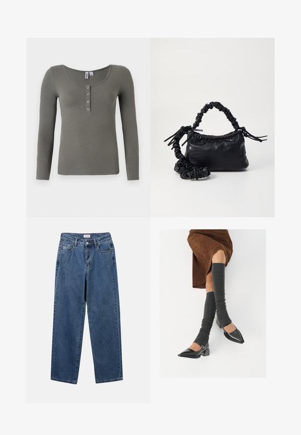 Pitkähihainen ribbipaita hillityn vihreänä, jossa on avara kaula-aukko ja viisi metallista nepparia edessä.; Classiset siniset farkut suoran lahkeen muotoilulla, viidellä taskulla ja napillakaan. Ominaisuudet: keskivahva pesu ja kestävä rakenne.; Musta lakattu nahkakengät teräväkärkisillä, leveällä kantapäällä ja nilkkahihnalla, yhdistettynä harmaisiin ribattuihin säärystimiin ja ruskeaan mokkasiinimekkoon.; Must-have mustekahvi nahkalaukku krokotiiliaistalla, kiristetty yläosa ja rypistetty hihna. Näyttää pehmeältä ja kompaktilta muotoilultaan.