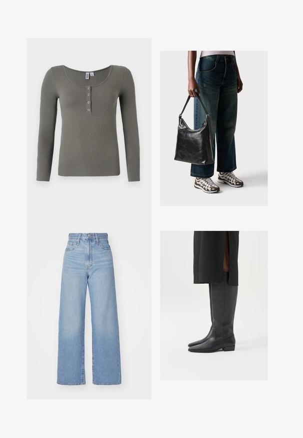 Langermet ribbestrikket topp i en dempet grønn farge, med scoop-hals og fem metalliske trykknapper foran.; Lyseblå vidbente bukser laget av denim. Har høy midje, fem lommer og knappelukking. Rett snitt med en ren kant.; Sorte knelengde støvler laget av glatt lær med spiss tå og lav blokkhæl; minimal søm og strømlinjeformet design.; Sort skinnveske med en glatt tekstur og justerbar stropp, kombinert med falmede vide jeans og atletiske sneakers.