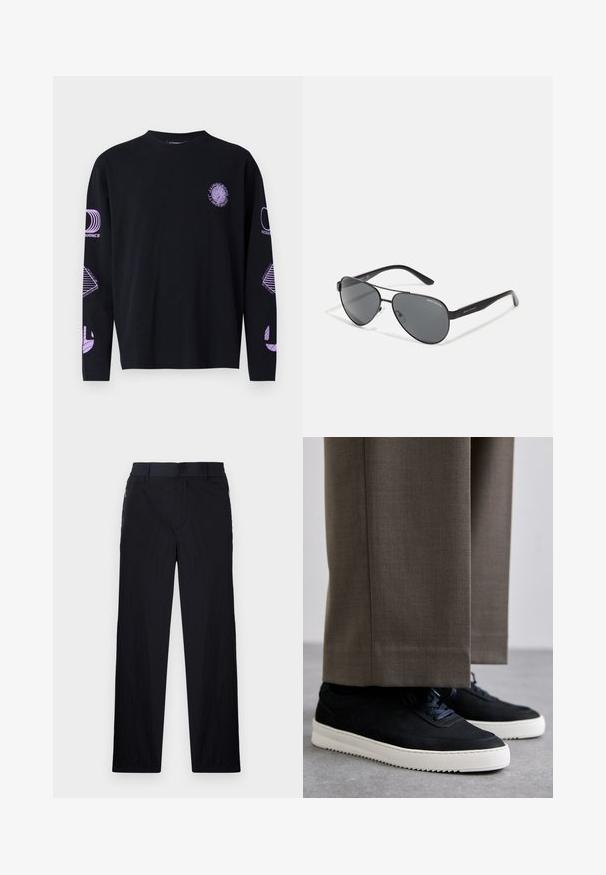 Schwarzes Langarm-T-Shirt mit lila Grafiken auf der Brust und den Ärmeln, aus einem Stoff mit einer glatten Textur. Rundhalsausschnitt-Design.; Schwarze Hose aus leichtem, strukturiertem Stoff, mit geradem Bein, elastischem Bund und seitlichen Reißverschlusstaschen.; Schwarze Wildleder-Sneaker mit weißen Gummisohlen, mit einer abgerundeten Zehenpartie und Schnürsenkeln, getragen zu grauen maßgeschneiderten Hosen.; Schwarze Flieger-Sonnenbrille mit dunklen Linsen, dünnem Metallrahmen und schlanken Kunststoffbügeln mit Logo-Details.