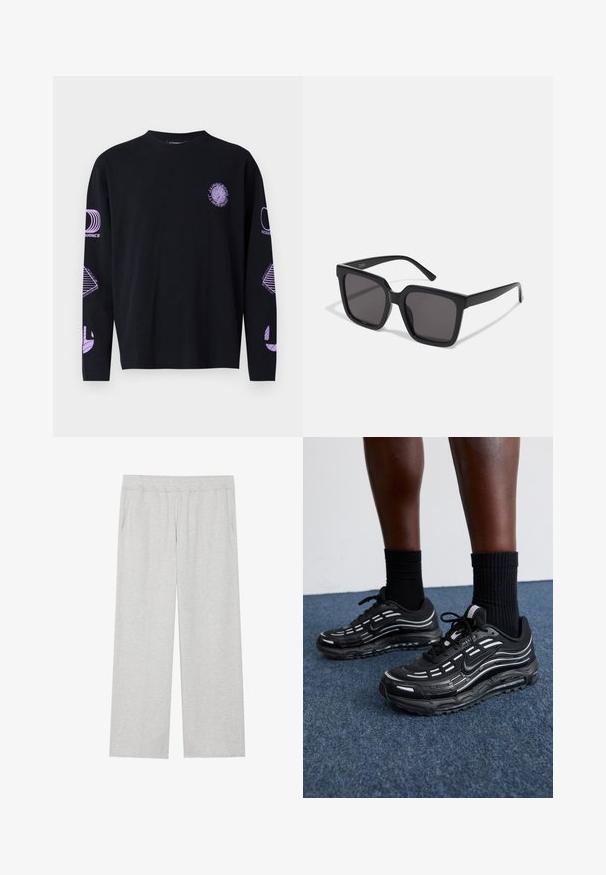 Must mustaeluga T-särk, millel on tumepunased graafilised prindid rinnal ja varrukatel, valmistatud sileda tekstuuriga kangast. Ümmargune kaelus.; Heledad hallhallid, laiad dressipüksid pehmest kangast. Omavad elastset vöökoht ja küljetaskuid. Sile tekstuur ja puhas disain.; Mustad mustad Nike'i jalanõud on varustatud võrkstruktuuriga pealispinna, aktsenttriipude, tekstuuritud paelte ja musta kummist tallaga. Kannan mustade ribakudumiste sokkidega.; Mustad musta raami prillid tumedate toonitud läätsedega ja sileda, läikiva plastmaterjaliga. Rihmad on lihtsa, pikliku disainiga.