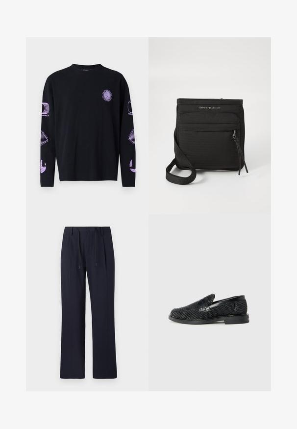 Zwarte lange mouwen t-shirt met paarse grafische prints op de borst en mouwen, gemaakt van een stof met een gladde textuur. Ronde hals ontwerp.; Marineblauwe broek met een rechte pijpdesign, gemaakt van textuurstof. Voorzien van een knoopsluiting aan de voorkant en een verstelbare koord in de taille.; Zwartegeweven instap schoenen met een glad leren accent aan de bovenkant, een ronde neusontwerp en een laag profiel rubberen zool.; Zwarte Emporio Armani schoudertas met voorzak met rits, verstelbare strap en logo-detail op gestructureerde stof.