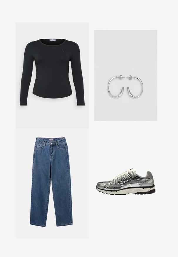 Čierny rebrovaný top s dlhými rukávmi, okrúhlym výstrihom a malým logom na hrudníku, s priliehavým strihom a hladkou textúrou.; Klasické modré džínsy z denimu so strihom rovného strihu, piatimi vreckami a zapínaním na gombík. Majú stredné praním a pevnú textúru.; Strieborná a čierna športová obuv s vrchnou časťou z mäkkej textílie a syntetického materiálu, objemový dizajn a textúrovaný povrch. Obsahuje polstrovaný golier a gumovú podrážku.; Strieborné kruhové náušnice s hladkým a lesklým povrchom. Okrúhly tvar, ľahký dizajn, s uzáverom na kolík.