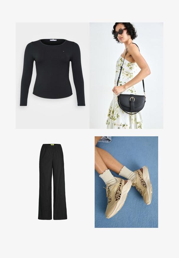 Top preto canelado de manga longa com gola redonda e um pequeno detalhe de logotipo no peito, apresentando uma silhueta ajustada e textura suave.; Calças largas pretas feitas de um tecido leve. Apresentam uma cintura elástica e uma textura suave. Design simples e versátil.; Pernas cruzadas usando ténis bege da Puma com riscas de padrão de leopardo e meias creme com folhos num chão coberto de carpete azul.; Bolsa de couro preta com forma curva, alça destacável e detalhes em dourado. A bolsa possui uma aba com detalhe de fivela.