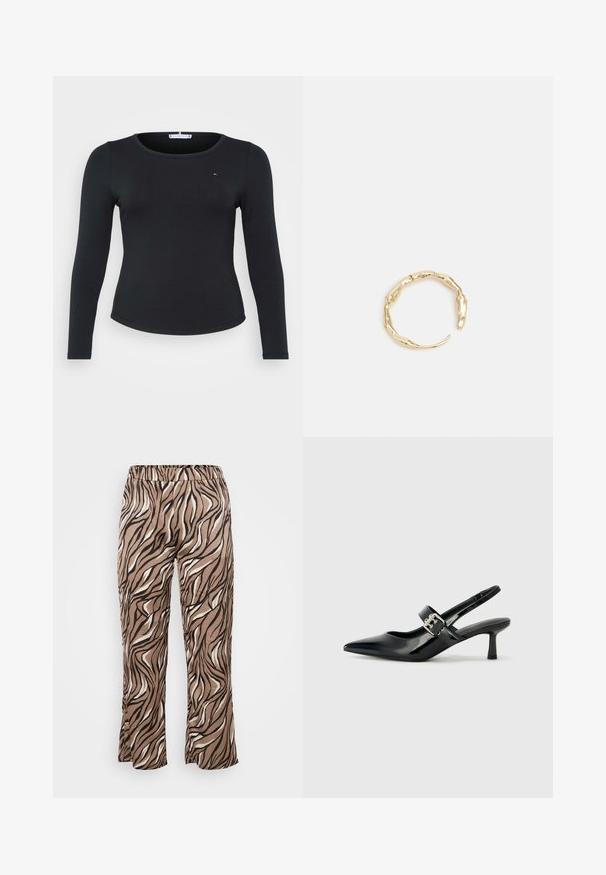 Musta ribattu pitkähihaista paita, jossa on pyöreä pääntie ja pieni logotyyppi rinnassa. Paidassa on istuva siluetti ja sileä pinta.; Housut, joissa on ruskea ja kerma zebra-kuvio, joustava vyötärö, leveälahkeinen muotoilu ja sileä kangas.; Musta patenttinaahkakengät, joissa on osoittava kärki ja pieni lohko korko, varustettuna hopeisella soljella hihnassa.; Kultaketju, jossa on orgaaninen, kierretty muotoilu, sileä pinta ja cappatut päät, luoden modernin, veistoksellisen ilmeen.