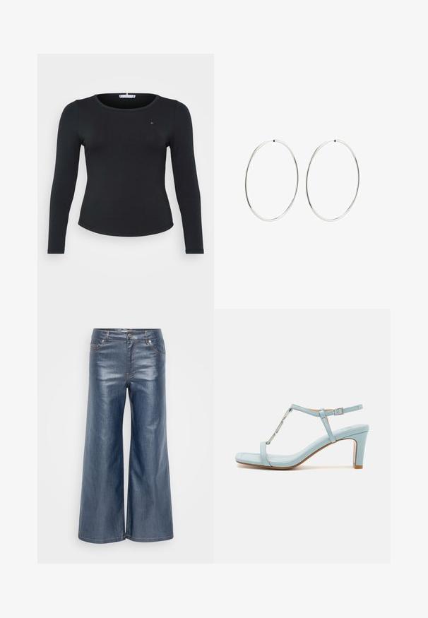 Juoda sukurta ilgomis rankovėmis palaidinė su apvaliu iškirpimu ir mažą logotipo detalę ant krūtinės, pasižyminti prigludusia siluetu ir lygiu paviršiumi.; Tamsiai mėlyni plačių kojų džinsai, turintys lygią tekstūrą, su penkių kišenių dizainu ir kontrastingomis siūlėmis. Priekyje mygtuko ir užtrauktuko uždarymas.; Šviesiai mėlynos spalvos aukštakulniai sandalai su dirželiu aplink kulkšnis ir kvadratiniu pirštu, turintys metalinį akcentą ir glotnią, lygų odos tekstūrą.; Sidabriniai auskarai-žiedai su lygiu, apvaliu dizainu ir blizgiu paviršiumi. Jie yra ploni ir lengvi, turintys paprastą užsegimą.