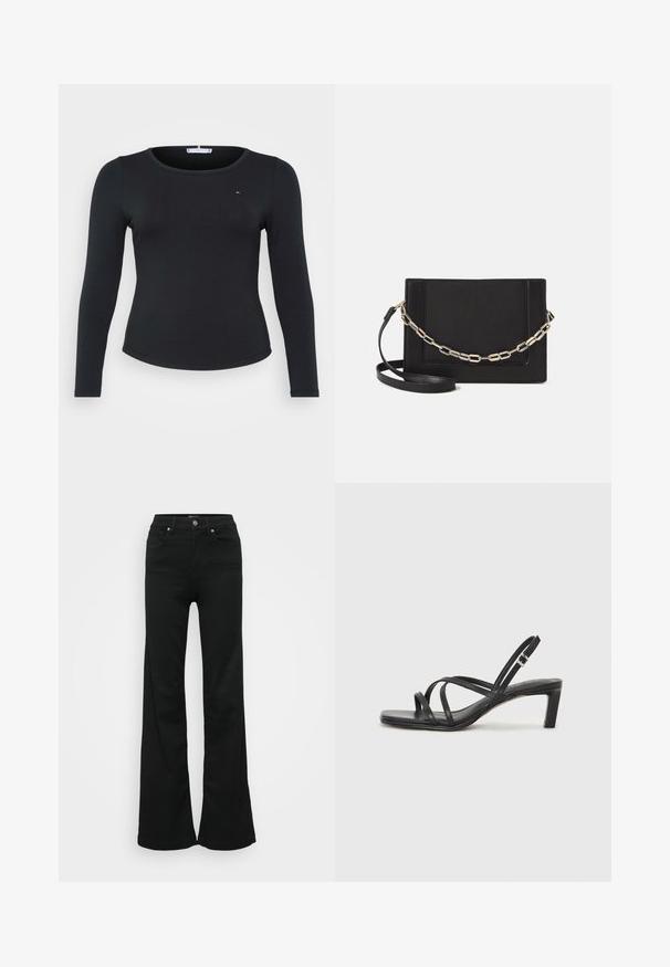 Černý žebrovaný top s dlouhým rukávem a kulatým výstřihem se malým logem na hrudi, s přiléhavým střihem a hladkou texturou.; Černé zvonové džíny vyrobené z denimu, s vysokým pasem, pěti kapsami a kovovým zapínáním. Hladká textura s minimálním zdobením.; Černé sandály na tenkém podpatku se čtveratou špičkou a nízkým blokovým podpatkem. Mají několik tenkých popruhů a nastavitelné zapínání okolo kotníku. Vyrobeny z hladké kůže.; Černá kožená crossbody taška s hladkým povrchem, obdélníkovým tvarem a kovovým řetízkem na přední straně. Součástí je nastavitelný popruh.