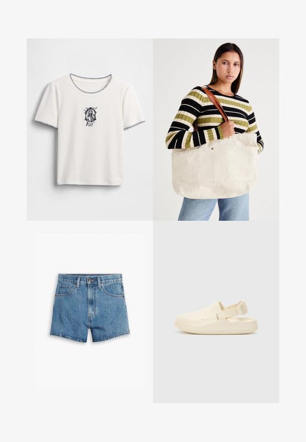 Valge lühikeste varrukatega t-särk ümarate kraeauguga, mille servadel on tumesinised õmblused ning tikitud graafiline kujundus koos tekstiga ja dekoratiivse raamiga.; Heledad teksapüksid helesinisena, millel on viis taskut, tõmblukk ja nööpkinnitus. Varrukad on lõdvenenud ja servad on kulunud.; Kreemikollane, mati viimistlusega Nike klots seljatugedega ja tekstuurse kummitaldiga. Kergelt ümar nina ja minimalistlik disain.; Suur beežist kangast kott pruunide nahkrihmadega, millel on minimaalne disain ja nähtavad õmblusaktsendid.