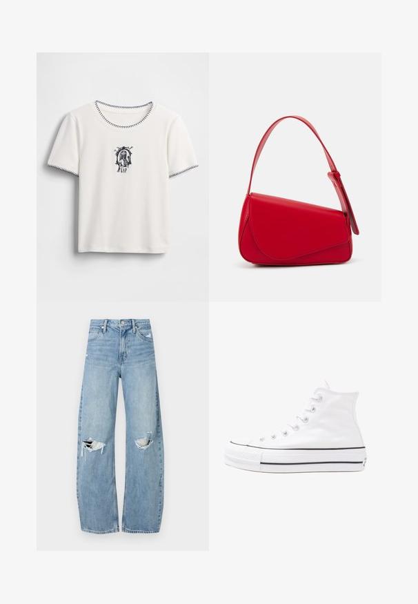 T-shirt branca de mangas curtas com decote redondo, apresentando bordas costuradas em azul-marinho e um gráfico bordado com texto e uma moldura decorativa.; Jeans de lavagem clara, de cintura alta, feitos de denim. Apresentam pernas largas, duas áreas rasgadas nos joelhos e o estilo clássico de cinco bolsos.; Sapatilha alta de tela branca com sola de borracha preta, bico de borracha na frente e seis ilhós para os atacadores, apresentando um design limpo e minimalista.; Bolsa de mão em couro vermelho com um design angular e geométrico. Apresenta uma única alça ajustável e um fecho com aba, com detalhes cosidos.