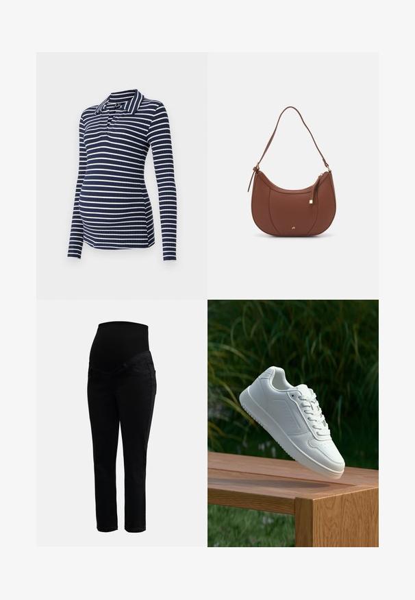 Hosszú ujjú kismama polo póló tengerészkék és fehér csíkos mintával, bordás textúrával, gallérral és V-nyakkivágással, amelyet a karcsú sziluett érdekében terveztek.; Fekete várandós farmernadrág rugalmas, magas derékkal és karcsú lábakkal, melyet a kényelem és a támogatás érdekében terveztek a terhesség alatt.; Fehér sportcipő sima szintetikus felsőrésszel, perforált lábujjrész, lapos fűzőkkel és texturált talppal, fából készült felületen kihelyezve.; Barna műbőr válltáska ívelt formával, minimális varrással és arany színű kiegészítőkkel. Jellemzője a felső cipzáras záródás és állítható pánt.