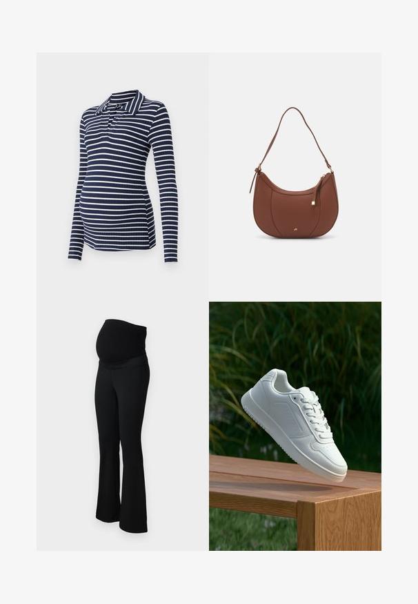 Zilā un baltā svītraina krekla ar garām piedurknēm grūtniecēm ar ribotu tekstūru, ar apkakli un V veida izgriezumu, veidots pieguļošai siluetam.; ONLY MATERNITY OLMPAIGE - Auduma bikses - black; Baltie sporta apavi ar gludu sintētisku augšpusi, perforētu pirkstu daļu, plakani šņorēm un rakstainu zoli, novietoti uz koka virsmas.; Brūns mākslīgās ādas pleca soma ar izliekta forma, minimāls šuvums un zelta toņa aparatūras akcenti. Aprīkota ar augšējo rāvējslēdzēju un regulējamu siksnu.