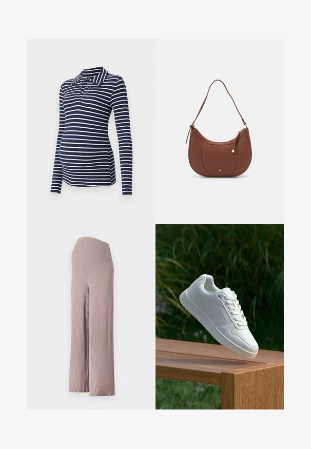 Ilgos rankovės nėščiųjų polo marškiniai tamsiai mėlynos ir baltos juostelėmis, su briaunotu paviršiumi, apykakle ir V formos iškirpte, sukurti tam, kad būtų prigludę.; Šviesiai rožinės spalvos, raukšlėtos plačios kojinės kelnės su nesvariu liemeniu, pasižyminčios švelnia, tekstūrine medžiaga ir laisvu siluetu.; Balti sneakeriai su lygia sintetine viršutine dalimi, perforuota pirštų zona, plokščiomis raištelėmis ir tekstūruotu padu, padėti ant medinės paviršiaus.; Ruda dirbtinės odos petinė piniginė su kreiva forma, minimalia siuvimo linija ir auksinės spalvos įranga. Yra užtrauktuko uždarymas viršuje ir reguliuojama petneša.