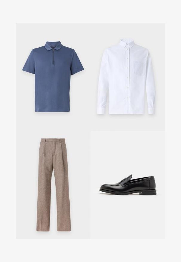 Koszulka polo w kolorze granatowym z krótkim rękawem, zapinana pod szyją na zamek, wykonana z gładkiego, lekkiego materiału. Prosty design, bez wzorów czy akcentów.; Biała koszula z długim rękawem na guziki, wykonana z bawełny, z kieszonką na piersi z tonowym haftem, kołnierzykiem i zapięciem na guziki przy mankietach.; Brązowe, wysokiej talii spodnie wykonane z teksturowanej tkaniny. Posiadają szerokie nogawki i dwa przednie zakładki dla lepszej struktury. Starannie wykończone, bez widocznych elementów metalowych.; Czarne skórzane mokasyny o gładkiej fakturze, zaokrąglonym nosku i dekoracyjnym pasku na przodzie. Niski, warstwowy obcas, minimalistyczny design.