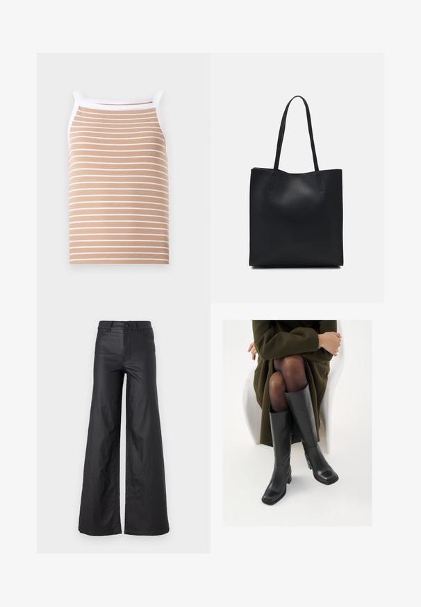 Top de bumbac bej, cu dungi subțiri albe orizontale, realizat dintr-un material ribbed. Are bretele înguste și o margine albă pe decolteu.; Pantaloni negri, cu picioare largi, dintr-un material de piele ecologică. Prezentază talie înaltă, bucle pentru curea, două buzunare frontale și detalii cusute.; Cizme din piele neagră, până la genunchi, cu vârf pătrat și toc bloc, prezentate pe un model așezat într-o haină verde măsline. Textură netedă, detalii minime.; Geantă tote neagră din piele, cu textură netedă, formă rectangulară și două mânere lungi. Fără hardware vizibil sau ornamente.