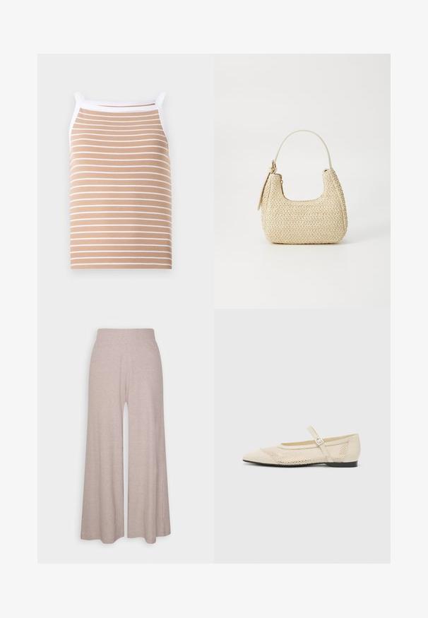Beige Tanktop mit dünnen weißen horizontalen Streifen, aus geripptem Stoff gefertigt. Verfügt über schmale Träger und einen weißen Besatz am Ausschnitt.; Hellgraue, weit geschnittene Hose aus weichem, geripptem Stoff, mit hohem Bund und langen Beinen, die eine subtile Textur aufweisen.; Beige Ballerinas mit spitzem Zeh, einer Überlagerung aus Netzdesign und einem seitlichen Schnallenriemen. Flache Sohle mit glatter Textur.; Beige geflochtene Strohtasche mit geschwungener Form, einem kurzen Griff und einem seitlichen Reißverschluss. Verfügt über eine strukturierte Oberfläche und ein minimalistisches Design.