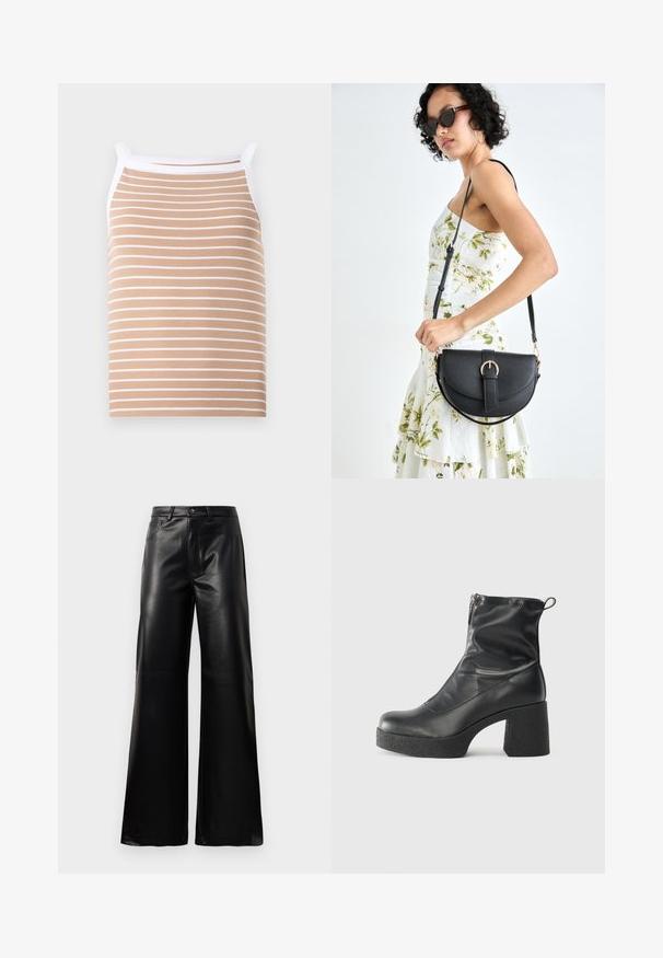 Beige tanktop med tynde hvide vandrette striber, lavet af ribbet stof. Har smalle stropper og en hvid kant langs udskæringen.; Sorte high-waisted bukser i bred ben i imiteret læder med forreste knap, lynlås, bæltestropper og sidelommer på hvid baggrund.; Sorte ankelstøvler lavet af glat læder, med en sidelukning, kraftig struktureret hæl og rundt tådesign.; Sort læderhåndtaske med en buet form, aftagelig rem og guldfinish. Tasken har en klap med en spænde detalje.