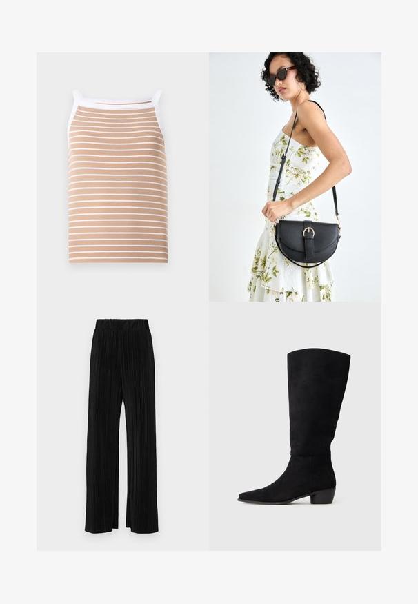 Beige tanktop med tynde hvide vandrette striber, lavet af ribbet stof. Har smalle stropper og en hvid kant langs udskæringen.; Sorte plisserede bukser med elastisk talje. Har brede ben og et glat, tekstureret stof med lodrette striber.; Sort ruskindsknæhøj støvle med lav blokhæl og spids tå, vist fra siden på en ensfarvet lysegrå baggrund.; Sort læderhåndtaske med en buet form, aftagelig rem og guldfinish. Tasken har en klap med en spænde detalje.