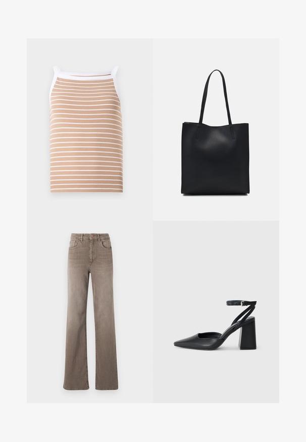 Canotta beige con sottili strisce orizzontali bianche, realizzata in tessuto a coste. Presenta spalline sottili e una finitura bianca lungo il collo.; Jeans dritti a vita alta marroni con bottone frontale, passanti per cintura e design classico a cinque tasche su sfondo bianco.; Pump in pelle nera con punta affusolata, cinturino alla caviglia e tacco spesso. Texture piatta, design elegante ed estetica minimalista.; Borsa tote in pelle nera con texture liscia, forma rettangolare e due manici lunghi. Nessun hardware o decorazione visibile.