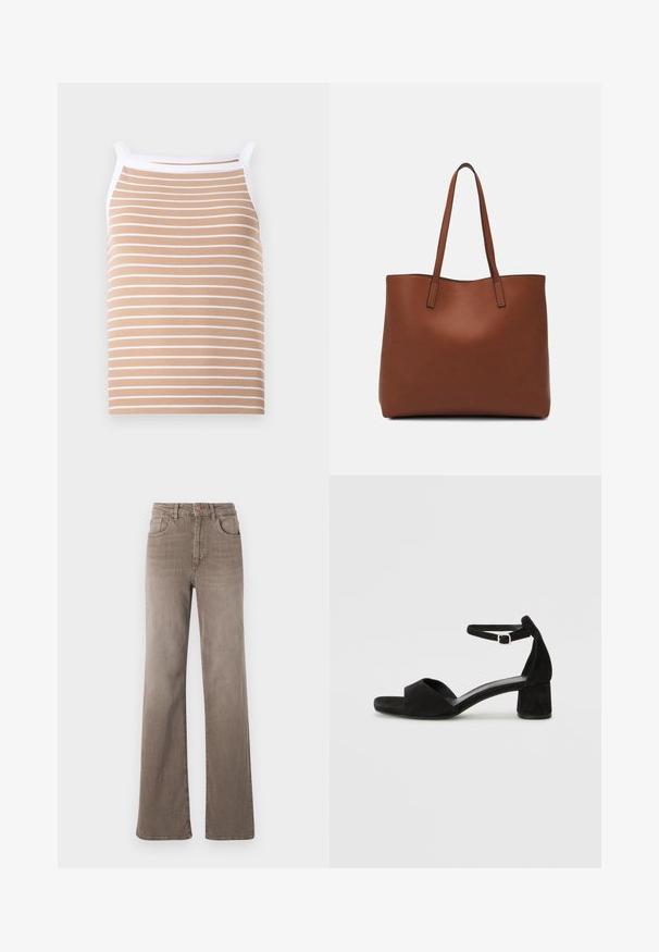 Top sin mangas beige con finas rayas horizontales blancas, hecho de tela acanalada. Presenta tirantes estrechos y un ribete blanco alrededor del escote.; Jeans de pierna recta de talle alto color marrón con botón frontal, trabillas para el cinturón y diseño clásico de cinco bolsillos sobre un fondo blanco.; Sandalias de tacón negro de ante con una delgada correa en el tobillo, diseño de punta abierta y un bloque de tacón modesto. Textura suave y acentos mínimos.; Bolso tote de cuero marrón con una textura suave, diseño de apertura superior y dos correas para el hombro. Presenta una costura mínima y sin herrajes visibles.