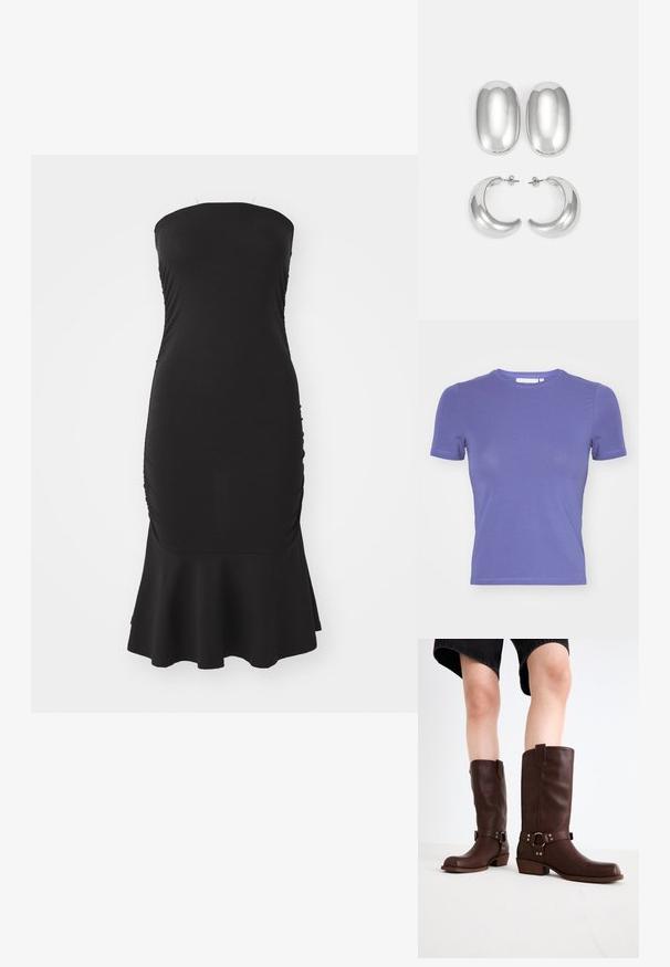 Weekday SLIM FITTED - Βασικό μπλουζάκι - purple; Μαύρο strapless φόρεμα φτιαγμένο από ελαστικό ύφασμα, με ρίγες στις πλευρές και φαρδύ τελείωμα. Λείο υλικό με εφαρμοστή σιλουέτα.; Καφέ δερμάτινες μπότες στον γόνατο με στρογγυλή μύτη, υφή, ιμάντα στον αστράγαλο και ασημένια στοιχεία; με τακούνι τύπου stack.; Σετ ασημένιων σκουλαρικιών: δύο οβάλ σκουλαρίκια και δύο ημικυκλικά κρίκους, με γυαλιστερή, λεία επιφάνεια και στρογγυλεμένο σχέδιο.