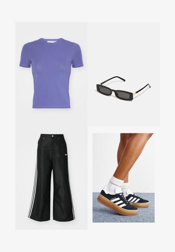 Weekday SLIM FITTED - T-shirts basic - purple; Sorte vide denim bukser med tre hvide striber på hver side og et lille hvidt logo. Indeholder forlommer og en knaplukning.; Sorte sneakers i ruskind med hvide striber og detaljer, rundet tå, ydersål i gummi, kombineret med hvide ribstrikkede crew sokker.; Sorte rektangulære solbriller med mørke linser, glansfulde plastikstel og guld accenter på stængerne. Minimalistisk design og slank form.