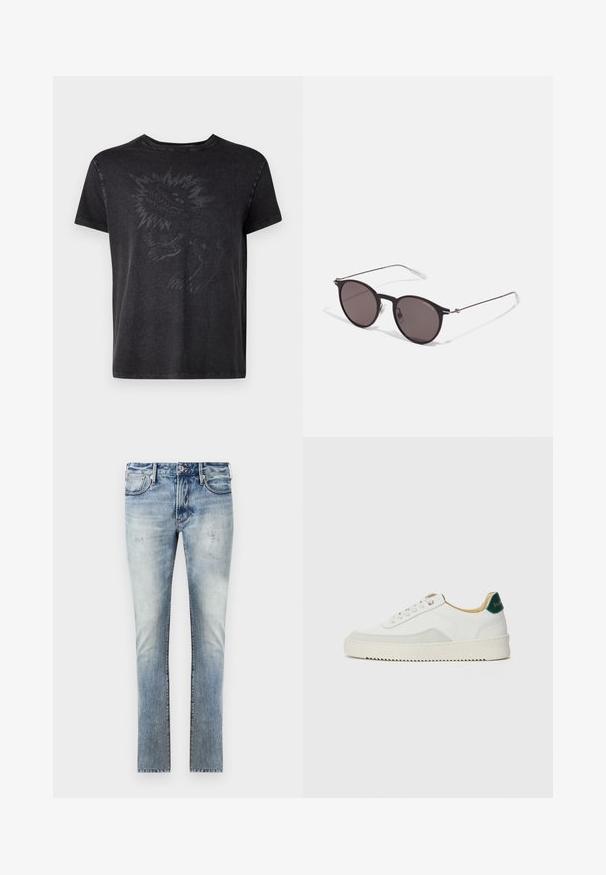 Zadig & Voltaire JIMMY WORDING DINOSAURE - T-shirt imprimé - carbone; Jean en denim bleu clair avec une finition délavée, design slim fit, cinq poches et couture contrastante aux coutures.; Baskets blanches avec des accents en daim, bout arrondi, lacets plats et semelle en caoutchouc crème. Présente une marque verte sur le talon.; Lunettes de soleil noires rondes avec verres sombres et branches en métal fines. Comprend des embouts transparents et des accents argentés au niveau de la charnière. Design minimaliste.