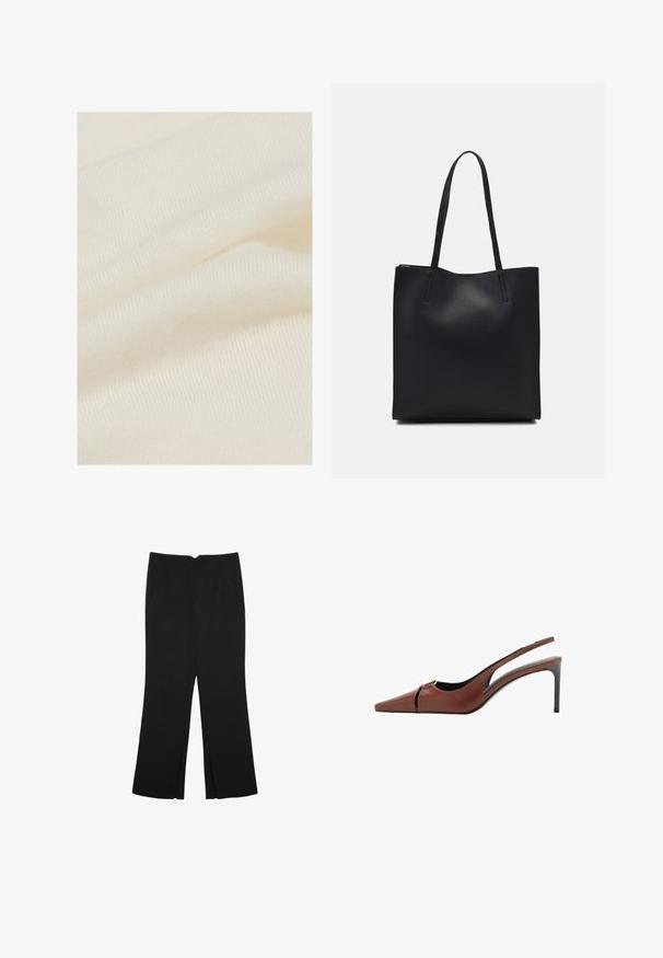 Tissu en coton couleur blanc cassé, présentant une surface lisse légèrement texturée avec de fines nervures et des plis subtils.; Pantalon noir avec une coupe droite, doté de poches avant et d'éclairs sur l'ourlet. Fabriqué en tissu doux et lisse. Convient à diverses occasions.; Talons hauts slingback en cuir marron avec une pointe pointue, un détail découpé au niveau du coup de pied, et un talon aiguille élégant. Texture lisse.; Sac fourre-tout en cuir noir avec une texture lisse, de forme rectangulaire et deux longues poignées. Pas de matériel ou d'ornementations visibles.