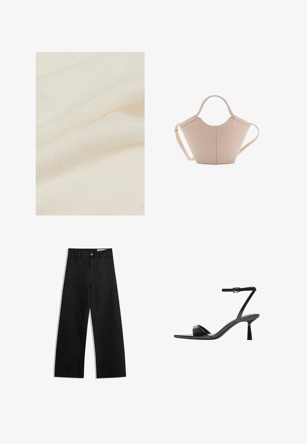 Bomuldsstof i off-white med en glat, let tekstureret overflade med fine ribber og subtile folder.; Sorte wide-leg denim bukser med høj talje, der har front- og baglommer, syede sømme og en knaplukning. Glat tekstur.; Bershka Højhælede sandaletter / Højhælede sandaler - black; Lysebrun læderhåndtaske med en unik form, featuring to korte håndtag og et langt justerbart rem. Glat tekstur med minimal hardware.
