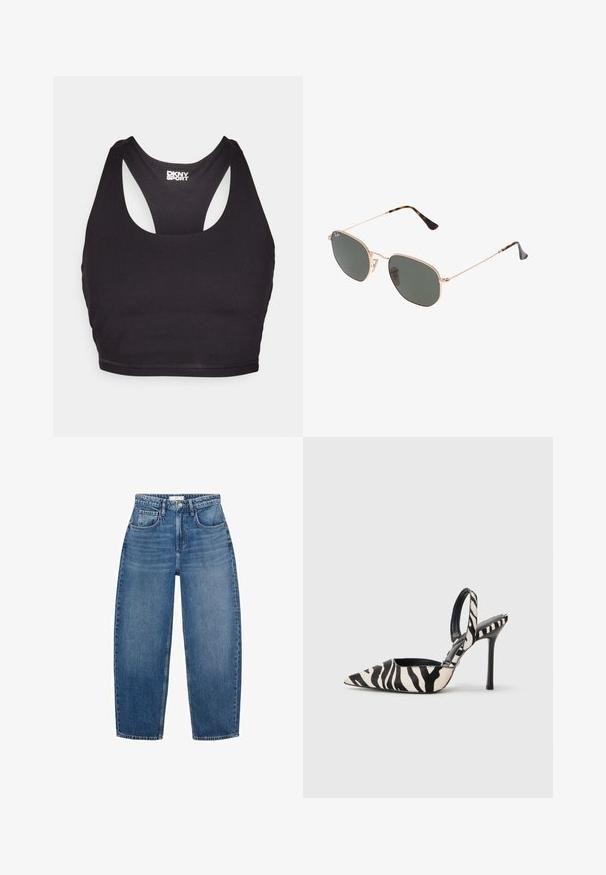Čierna športová podprsenka vyrobená z hladkej látky s pretekárskym chrbtom a zaobleným výstrihom, s malým logom na zadnej strane.; Modré džínsy s vysokým pásom a rovnými nohavicami, ktoré majú päť vreciek, pútka na opasok a jemné vyblednutie pre dodatočnú textúru.; Lodičky s špičatou špičkou a otvorenou pätou v čierno-krémovom zebrovom vzore, s tenkým vysokým podpätkom a čiernym interiérom.; Zlaté slnečné okuliare s kovovým rámom a tmavozelenými šošovkami v aviator štýle, s úzkymi ramenami a mramorovými akcentami na koncoch.; Čierna lesklá kožená kabelka s prešívaním, so zlatým reťazovým popruhom a uzáverom na klip s okrúhlou ozdobou. Kompaktný obdĺžnikový tvar.